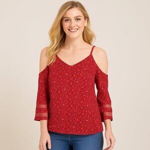 Jouica Red Floral Cold Shoulder V Neck Blouse Small NWT
